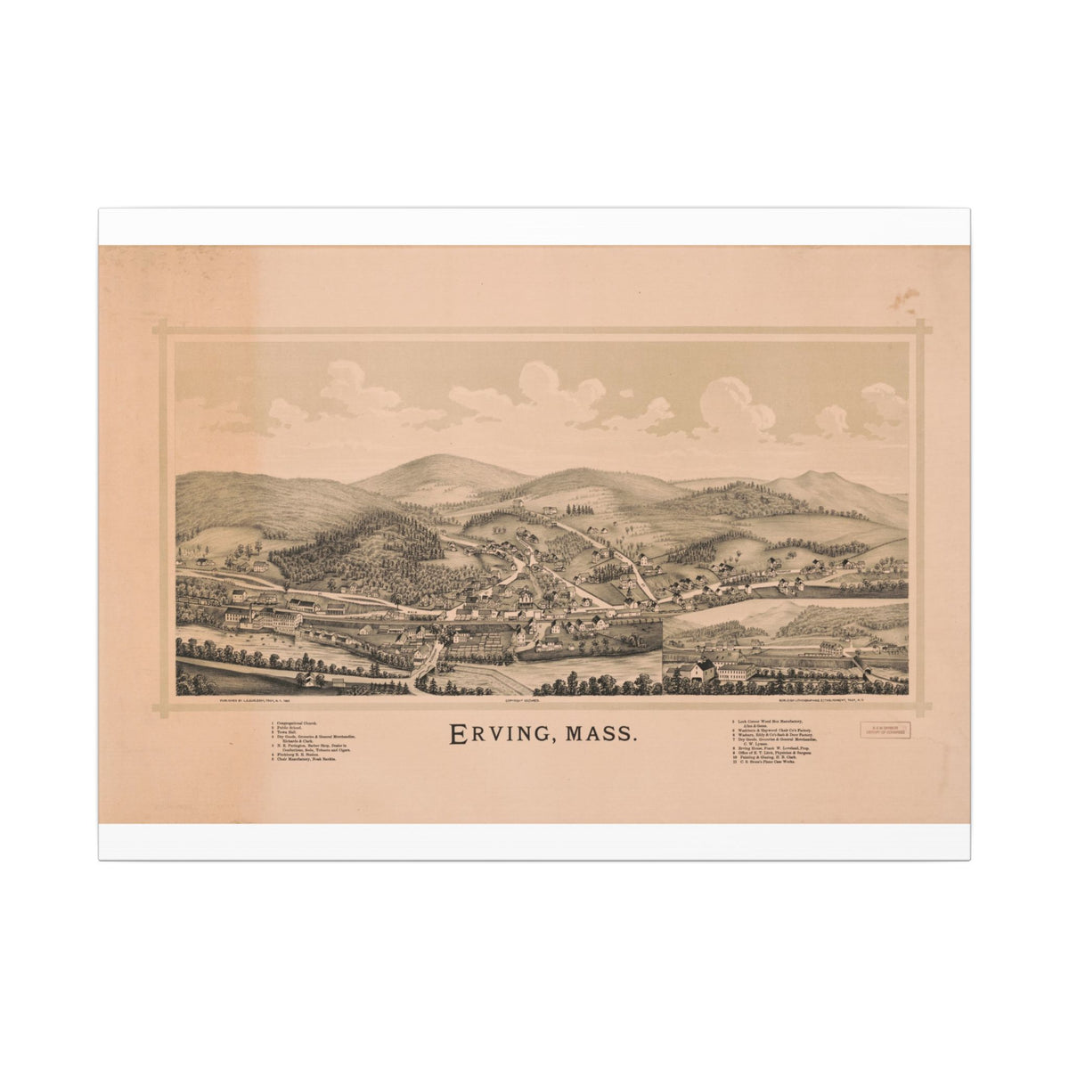 Erving, Massachusetts 1891 — Bird's-Eye View Map on Canvas