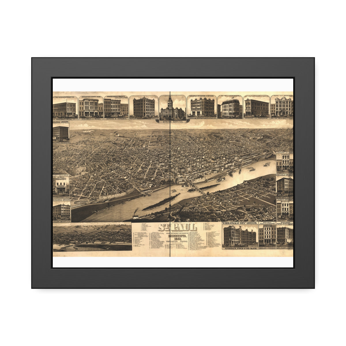 Saint Paul, Minnesota 1883 — Framed Bird's-Eye View Map