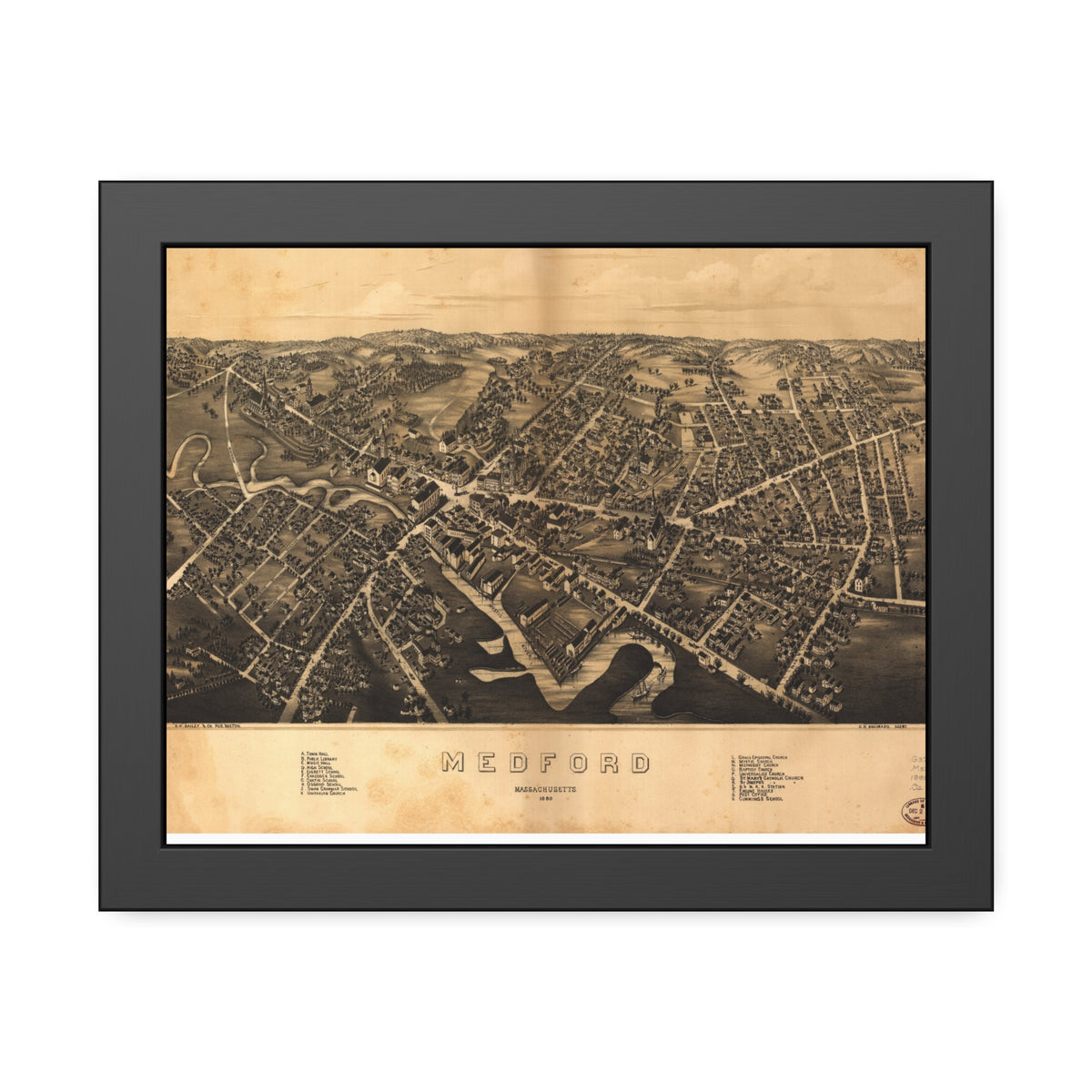 Medford, Massachusetts 1880 — Framed Bird's-Eye View Map