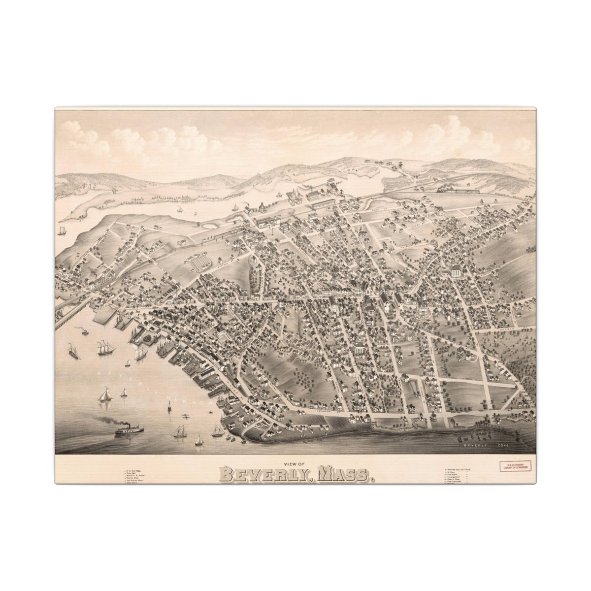 Beverly, Massachusetts 1879 — Bird's-Eye View Map on Canvas