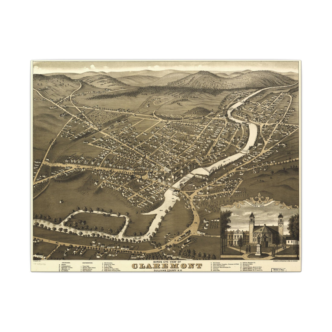 Claremont, New Hampshire 1877 — Bird's-Eye View Map on Canvas