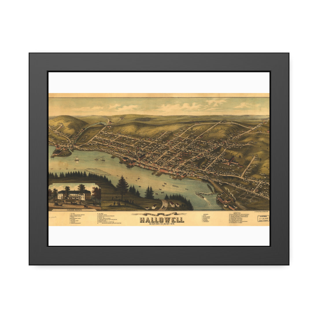 Hallowell, Maine 1878 — Framed Bird's-Eye View Map