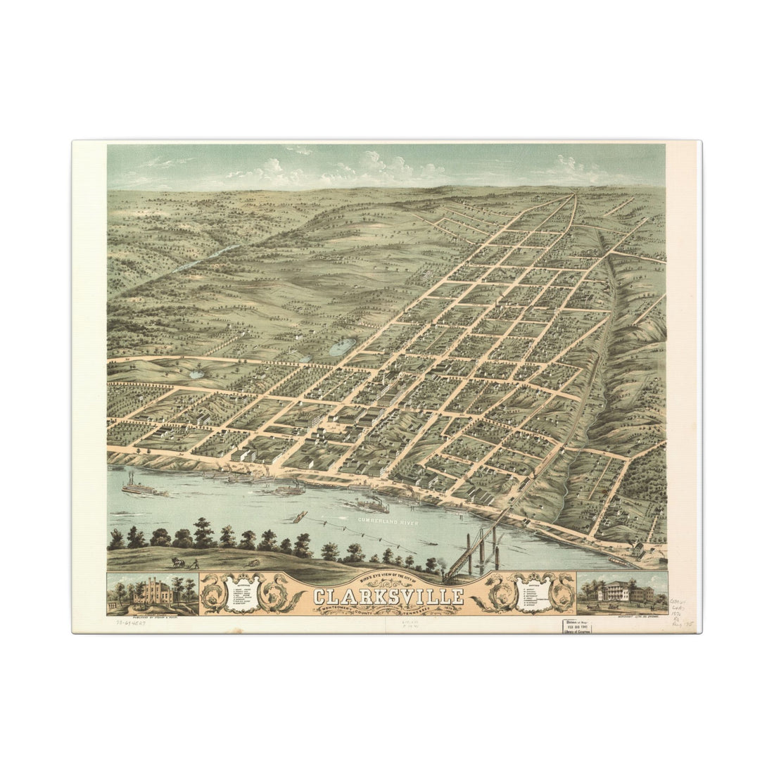 Clarksville, Tennessee 1870 — Bird's-Eye View Map on Canvas