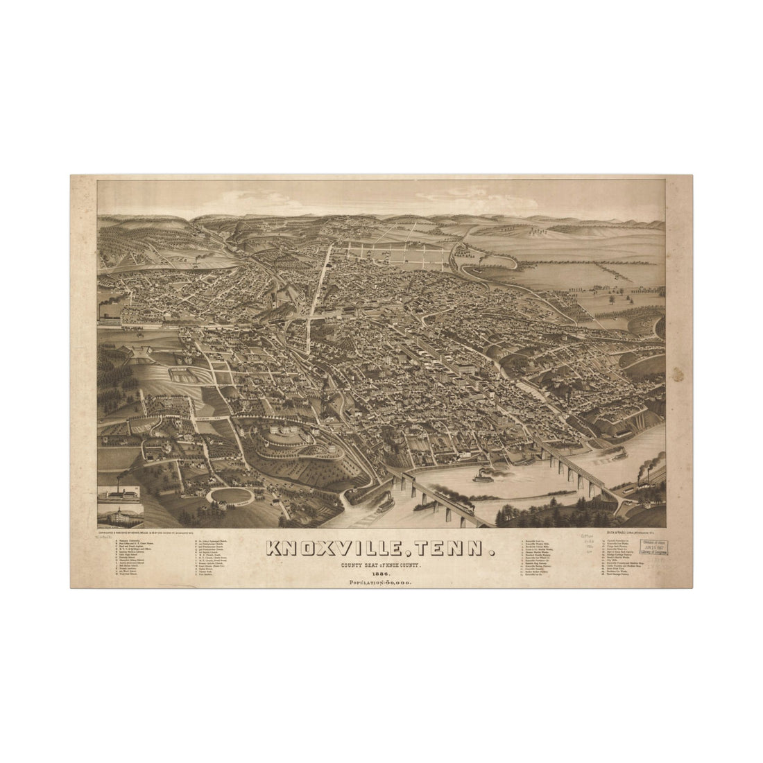 Knoxville, Tennessee 1886 — Bird's-Eye View Map on Canvas
